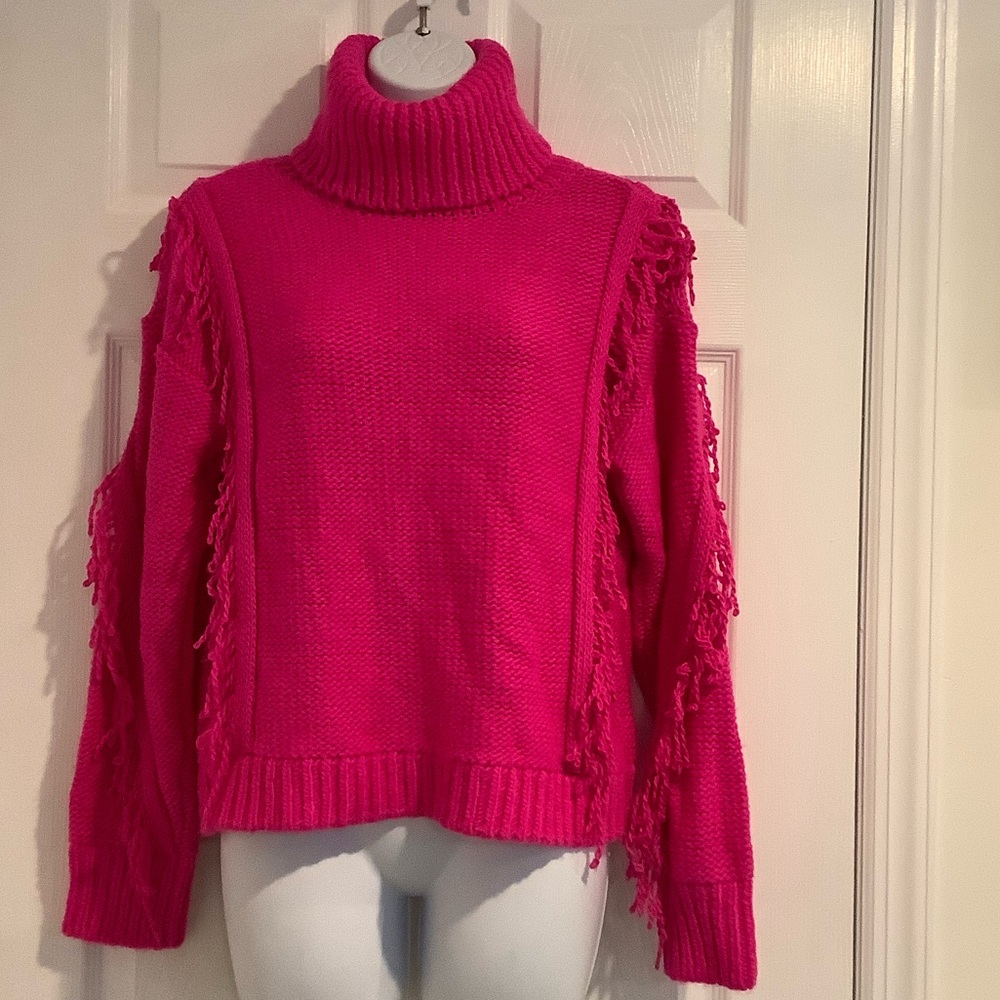 LOU & GREY FOR LOFT Chunky Wool Blend Pink Fisherman Fringe Turtleneck Sweater M